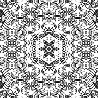 Kompleks Kaleydoskop Mandala. Boyama kitabı için. Beyaz Arkaplanda Siyah Çizgiler. Soyut Geometrik Süsleme