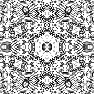 Kompleks Kaleydoskop Mandala. Boyama kitabı için. Beyaz Arkaplanda Siyah Çizgiler. Soyut Geometrik Süsleme