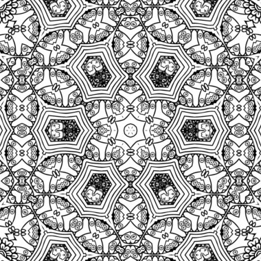 Kompleks Kaleydoskop Mandala. Boyama kitabı için. Beyaz Arkaplanda Siyah Çizgiler. Soyut Geometrik Süsleme