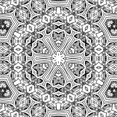 Kompleks Kaleydoskop Mandala. Boyama kitabı için. Beyaz Arkaplanda Siyah Çizgiler. Soyut Geometrik Süsleme