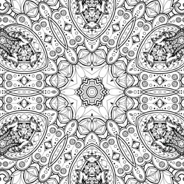Kompleks Kaleydoskop Mandala. Boyama kitabı için. Beyaz Arkaplanda Siyah Çizgiler. Soyut Geometrik Süsleme
