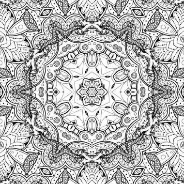 Kompleks Kaleydoskop Mandala. Boyama kitabı için. Beyaz Arkaplanda Siyah Çizgiler. Soyut Geometrik Süsleme