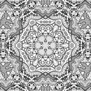 Kompleks Kaleydoskop Mandala. Boyama kitabı için. Beyaz Arkaplanda Siyah Çizgiler. Soyut Geometrik Süsleme