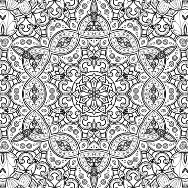 Kompleks Kaleydoskop Mandala. Boyama kitabı için. Beyaz Arkaplanda Siyah Çizgiler. Soyut Geometrik Süsleme