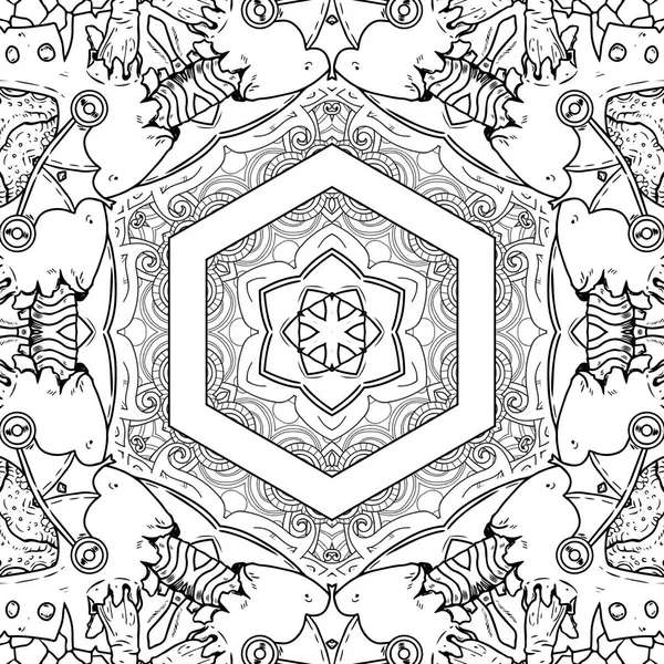 Complex Kaleidoscope Mandala Coloring Book Black Lines White Background Abstract — Stock Photo, Image