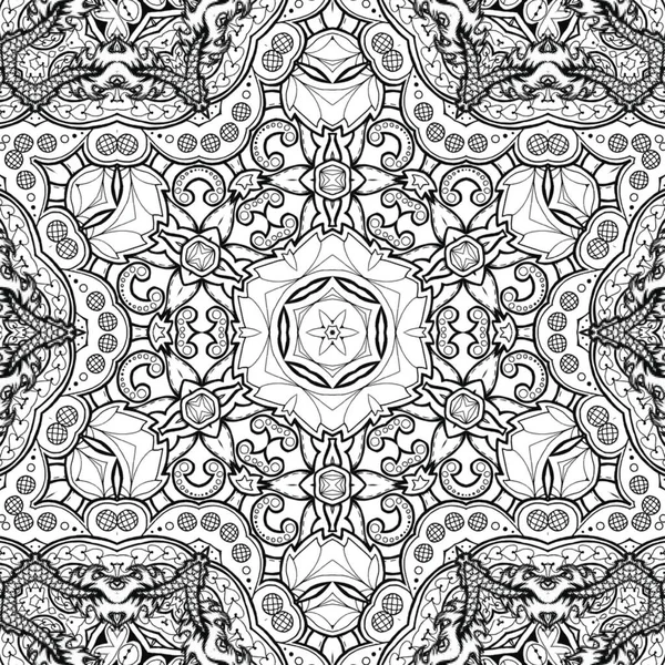 Caleidoscopio Mandala Complesso Libro Colorare Linee Nere Sfondo Bianco Ornamento — Foto Stock