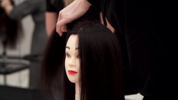 Caucasien gars en vêtements noirs coupe les mannequins cheveux — Video