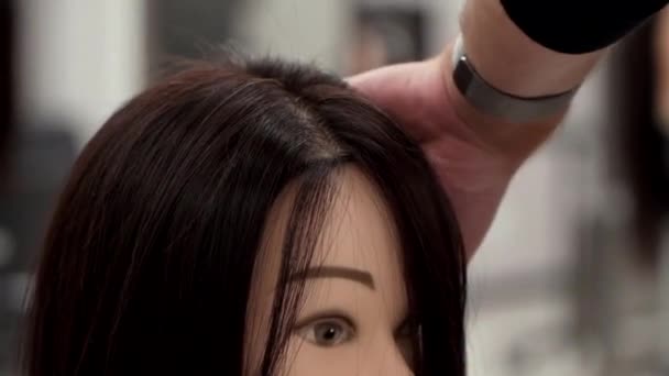 Caucasian girl in black clothes cuts the head of a mannequin — Stock Video