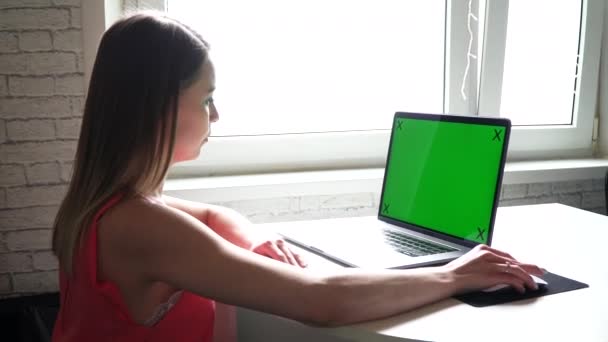 Vista laterale della ragazza utilizzando computer portatile con chiave di colore verde — Video Stock