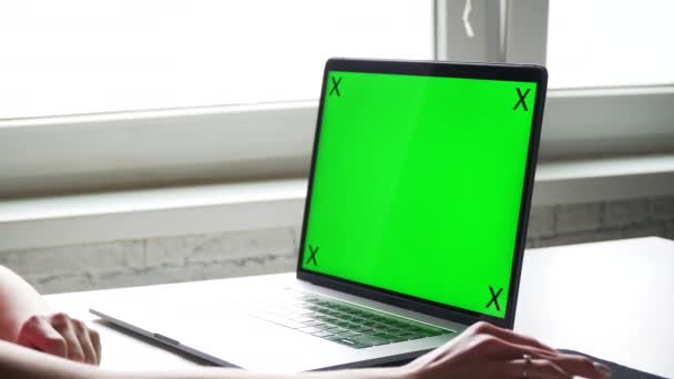 Vue latérale de la fille à l'aide d'un ordinateur portable avec clé de couleur verte — Video