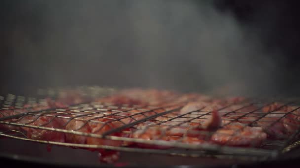 La carne se fríe en un estante de alambre — Vídeos de Stock