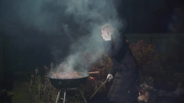 Menina frita um churrasco e abanando o fogo — Vídeo de Stock