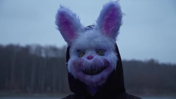 Scary evil maniac in a rabbit mask looks at the camera and prepares to kill — Stockvideo