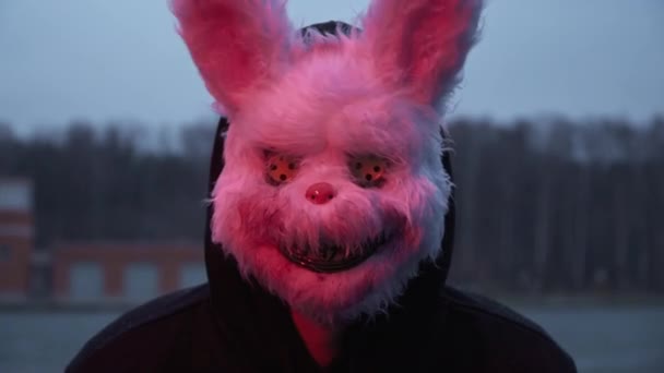 Scary evil maniac in a rabbit mask looks at the camera and prepares to kill — 图库视频影像