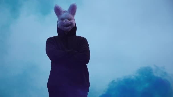 Scary evil maniac in a rabbit mask looks at the camera and holds colored smoke — Vídeo de Stock