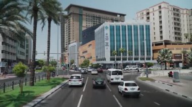 Dubai, UAE, 03.08.2021: the highway next to palm trees