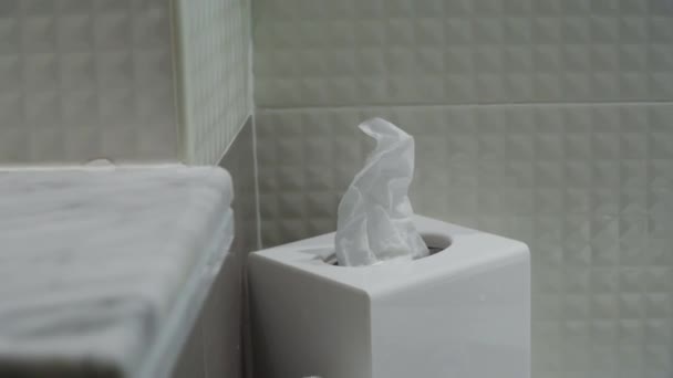 Женская рука берет одноразовое бумажное полотенце в ванной комнате — стоковое видео