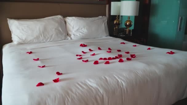 Röda rosenblad på sängen — Stockvideo