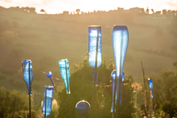 Bahçe süsü olarak gün batımında mavi cam şişeler
