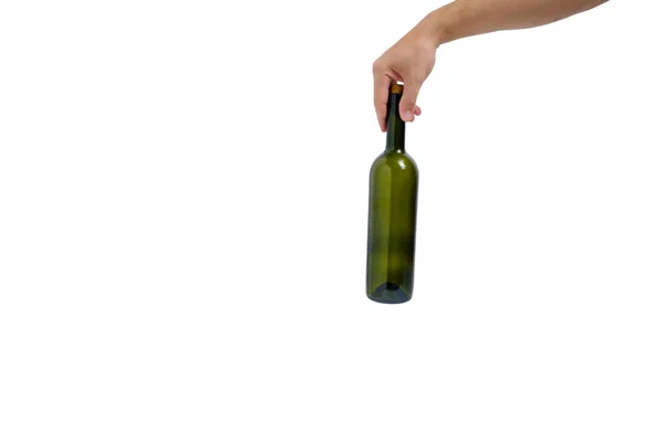 Vacío Verde Botella Vino Vidrio Mano Sobre Fondo Blanco Aislar —  Fotos de Stock