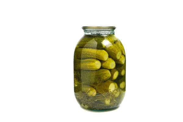 Pot Gepekelde Komkommers Witte Achtergrond Isoleren — Stockfoto