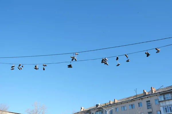 Sportschoenen Hangen Aan Draden Sneakers Opgehangen Door Veters Elektrische Draden — Stockfoto