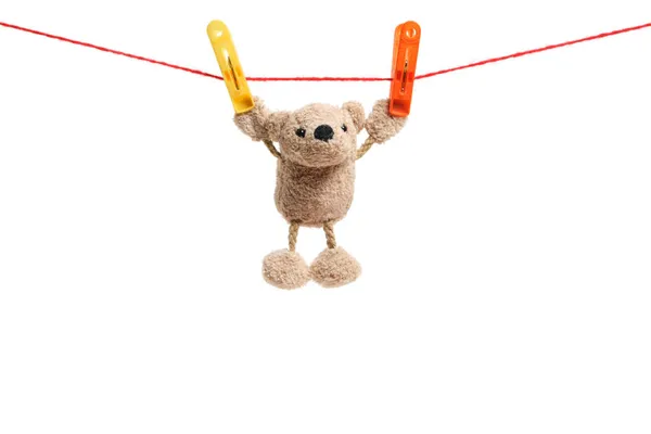 Leksak Liten Teddybjörn Torkar Hängande Klädnypa Klädstreck — Stockfoto