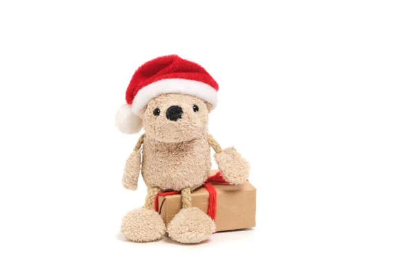 Kleine Niedliche Weiche Bär Weihnachtsmannmütze Sitzt Auf Geschenk Box Isolate — Stockfoto