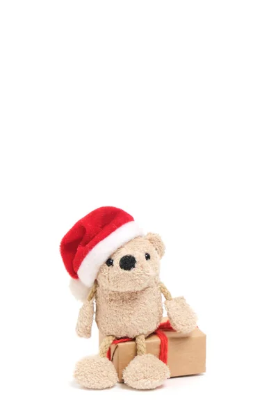 Little Cute Soft Bear Santa Claus Hat Sitting Gift Box — Stock Photo, Image