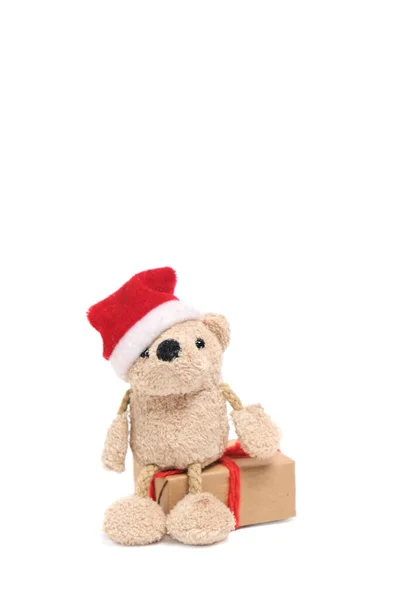 Little Cute Soft Bear Santa Claus Hat Sitting Gift Box — Stock Photo, Image