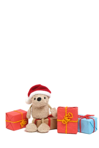 Petit Ours Peluche Dans Chapeau Père Noël Assis Sur Des — Photo