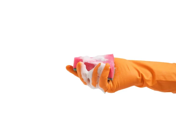 在白色底座上交一只带海绵的手套 用于湿洗 — 图库照片