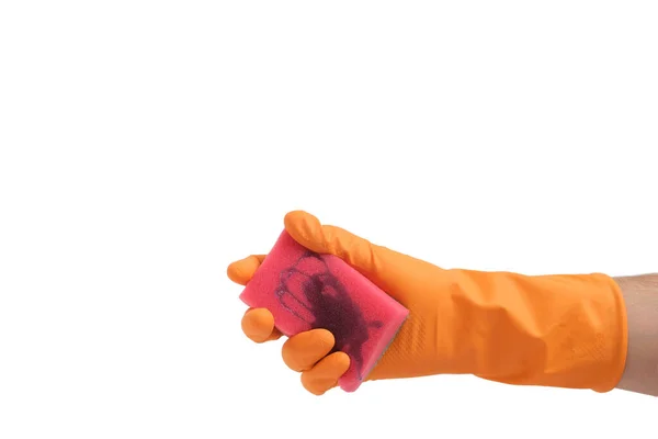 Gloved Hand Sponge Washing Dishes White Background — 图库照片