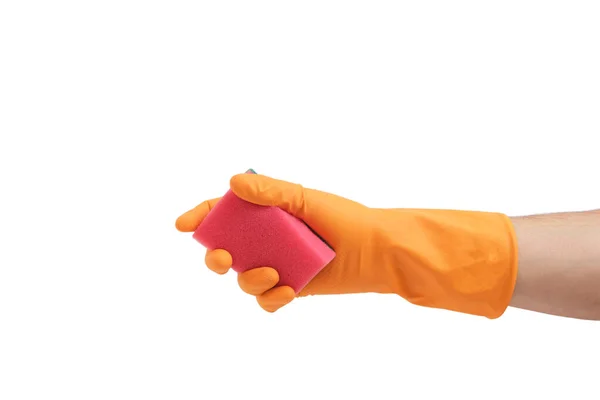 Gloved Hand Sponge Washing Dishes White Background — 图库照片