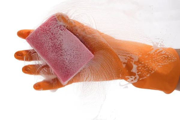 Handschoen Hand Met Een Natte Reinigingsspons Een Witte Achtergrond Wast — Stockfoto