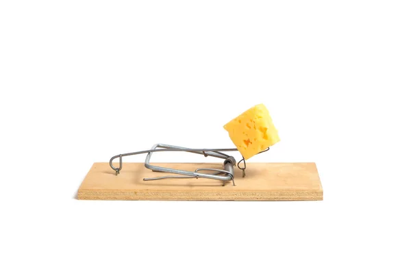 Loaded Mousetrap Piece Cheese White Background — Fotografia de Stock