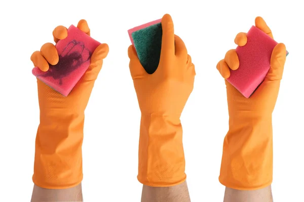 Hände Orangefarbenen Handschuhen Mit Schwamm Zum Nassreinigen Und Geschirrspülen — Stockfoto