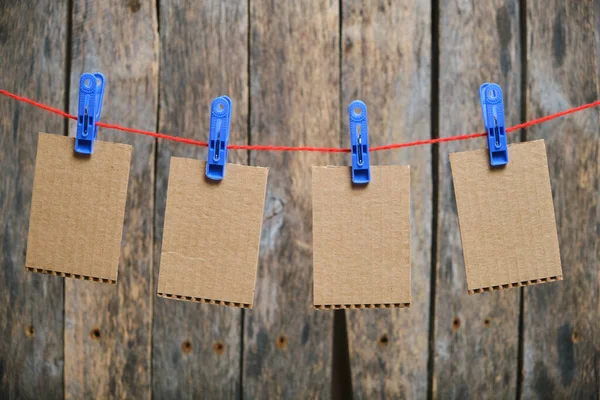 Cardboard Cards Hung Clothespins Wooden Background Template Inscription — Fotografia de Stock