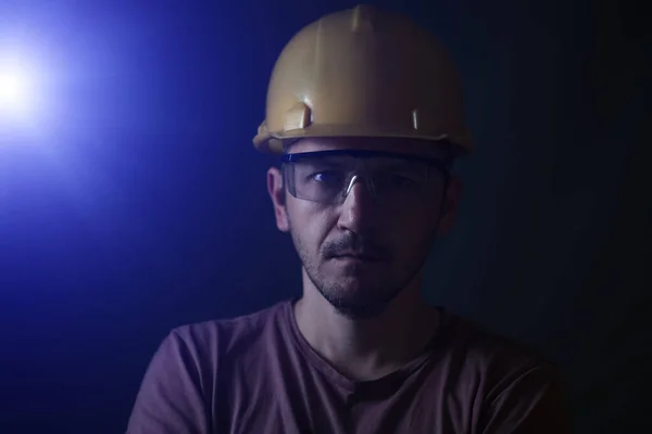 Miner Face Black Background Head Tired Miner Helmet Glasses Bright — Zdjęcie stockowe