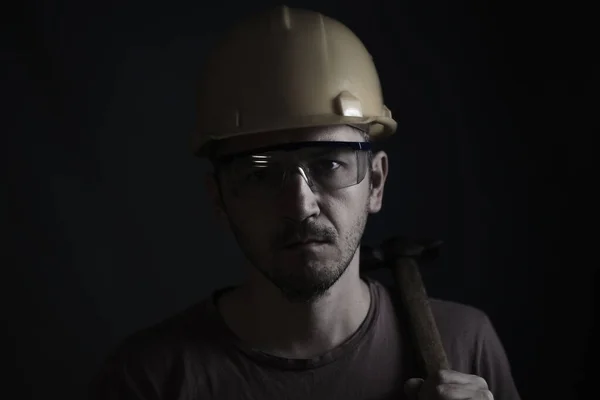 Miner Face Black Background Head Tired Miner Helmet Glasses Holds — Zdjęcie stockowe