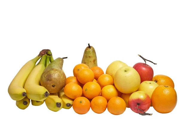 Fresh Ripe Fruits White Background Abundance Vitamins Fruits Bananas Tangerines — Fotografia de Stock