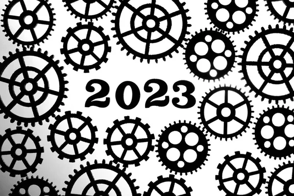 2023 Background Silhouettes Gears White Background Concept Progress Movement — Stock Photo, Image
