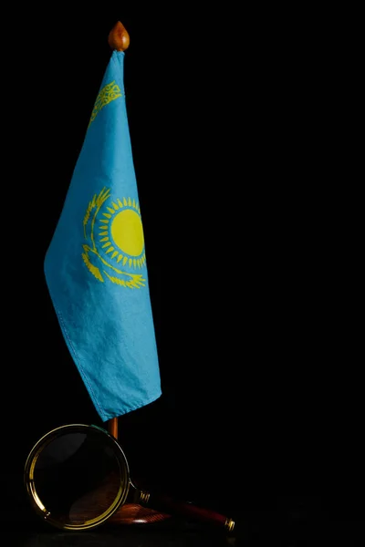 Flag Kazakhstan Magnifying Glass Black Background Concept Close Attention — стокове фото
