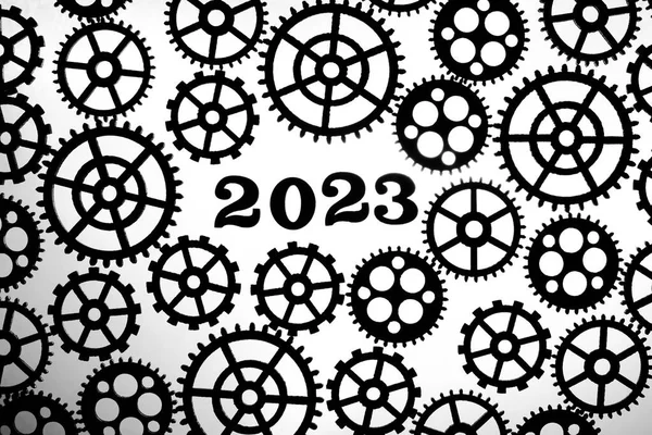2023 Фоні Силуетами Шестерень Білому Тлі Концепція Прогресу Руху — стокове фото