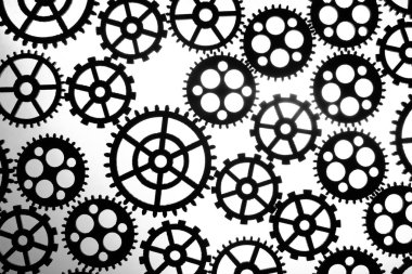 Abstract background black silhouettes, variety gears on white background