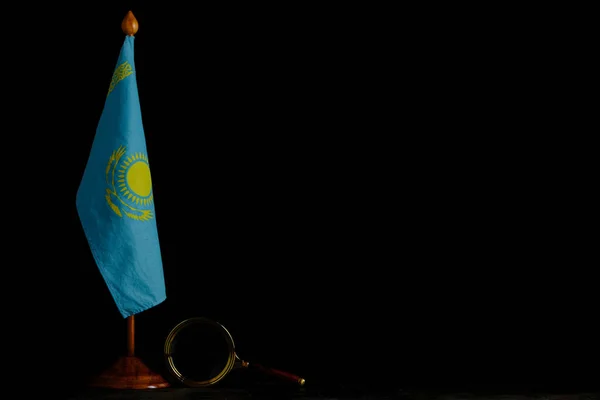 Flag Kazakhstan Magnifying Glass Black Background Concept Close Attention — Stockfoto