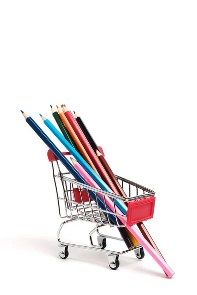 Kleurpotloden Een Winkelwagen Een Witte Achtergrond Schoolbenodigdheden Voor Het Tekenen — Stockfoto