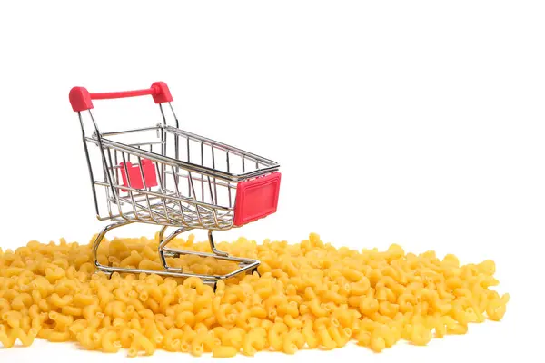 Lege Winkelwagen Tussen Pasta Witte Achtergrond — Stockfoto