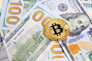 Yüz dolarlık banknotlar ve bir bitcoin.