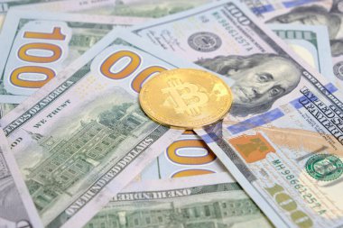 Yüz dolarlık banknotlar ve bir bitcoin.